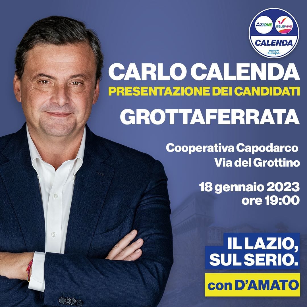Lazio 2023: Calenda e Bonetti domani mercoledì 18 gennaio a Grottaferrata 